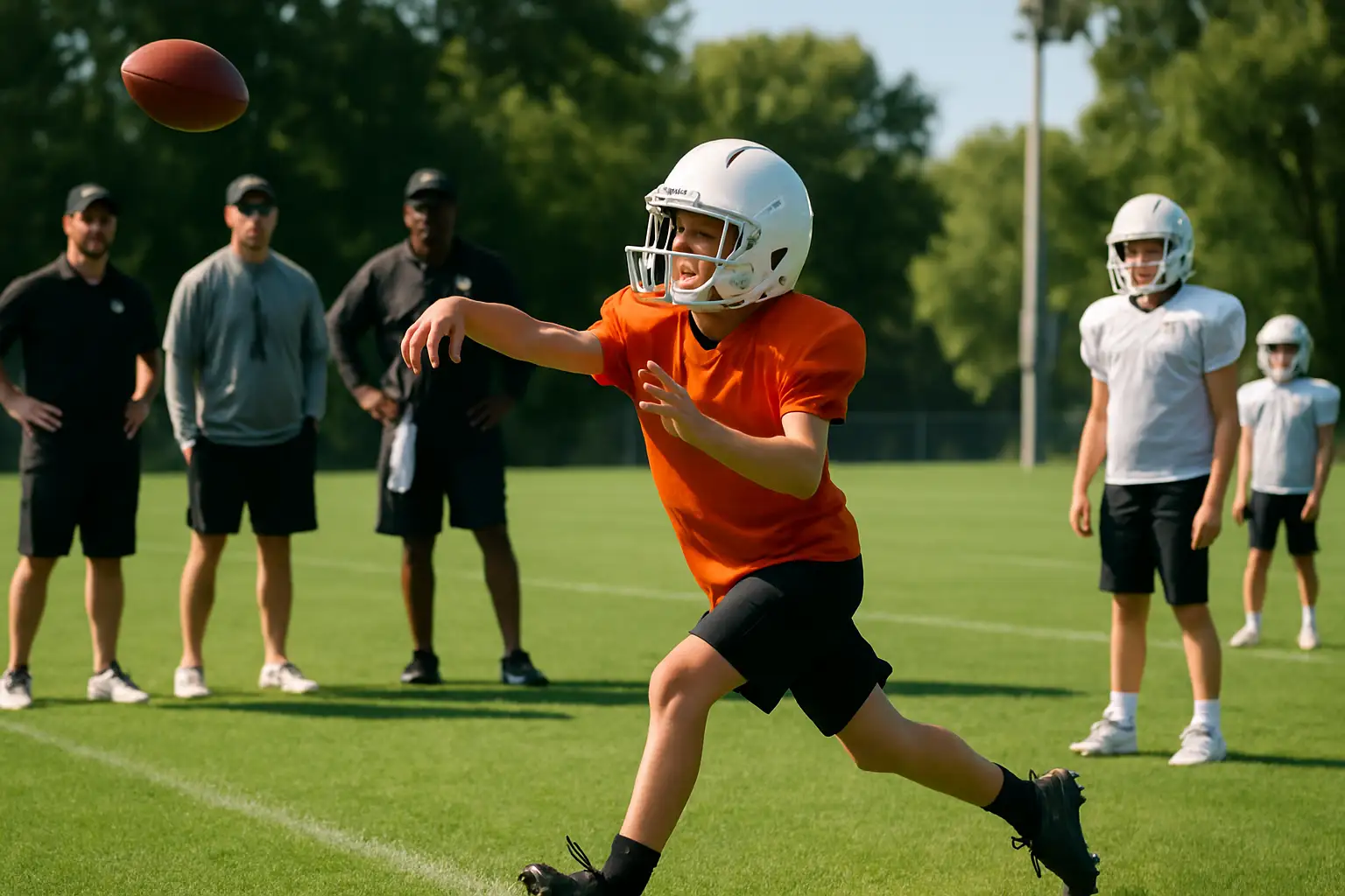 A young quarterback throwing a football on a sun-lit practice field during a youth football camp