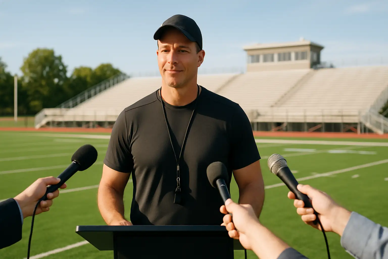 A college football coach addressing reporters at a podium on a practice field
