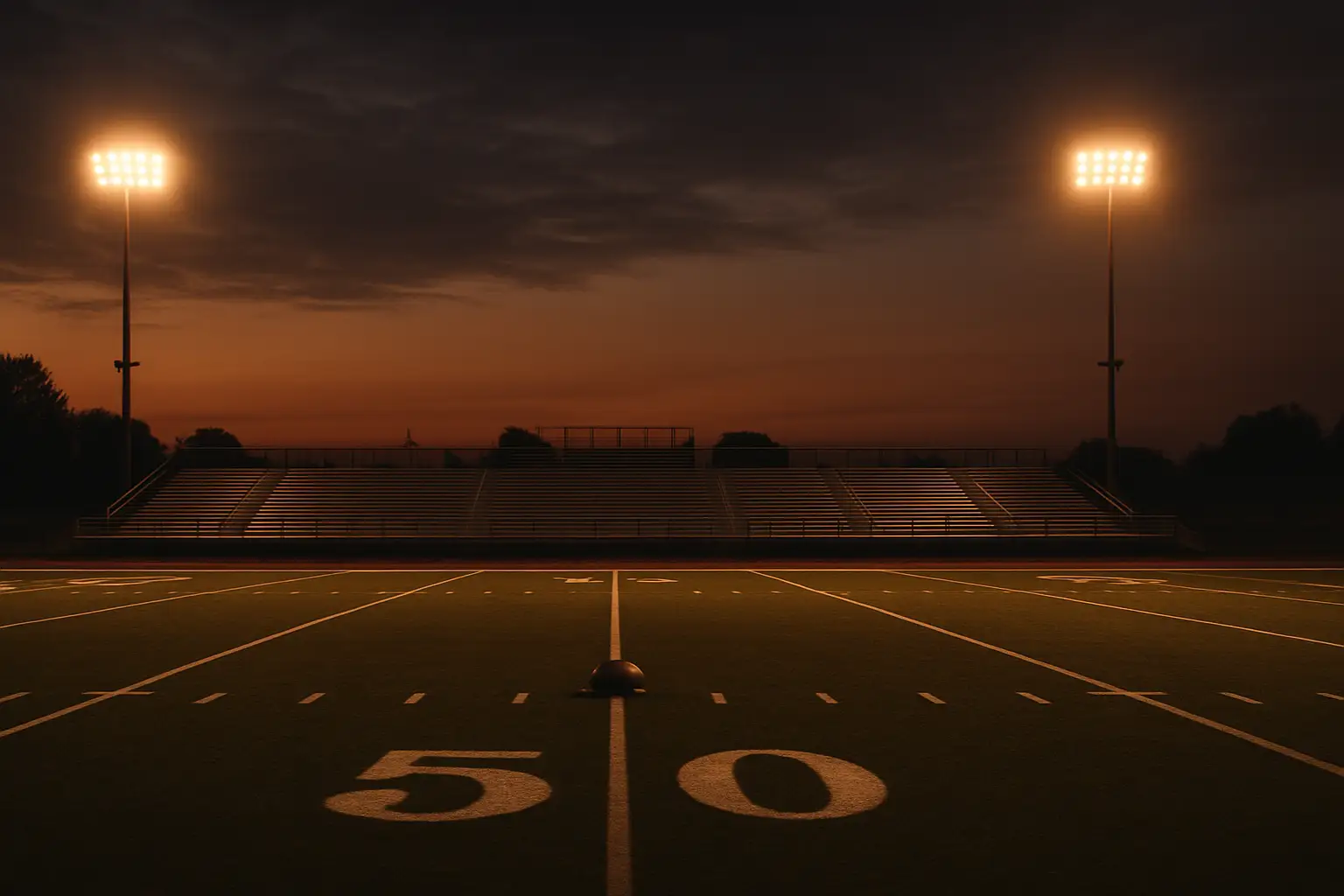 A football field at dusk with empty bleachers and stadium lights beginning to glow