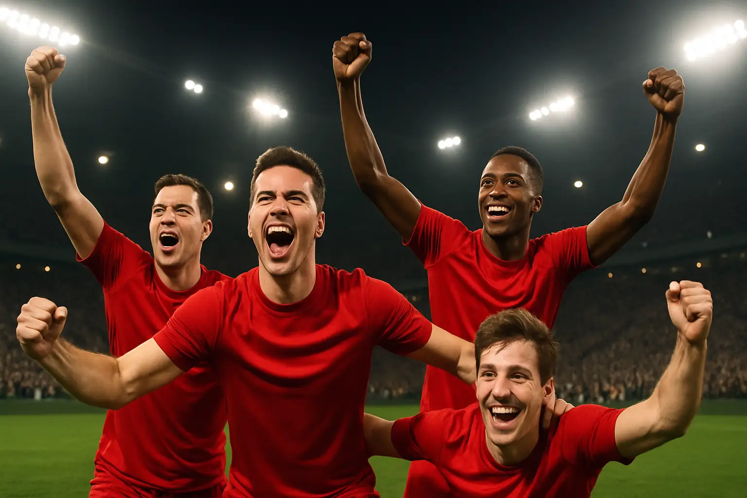 Canadian soccer players celebrating a goal during a World Cup match