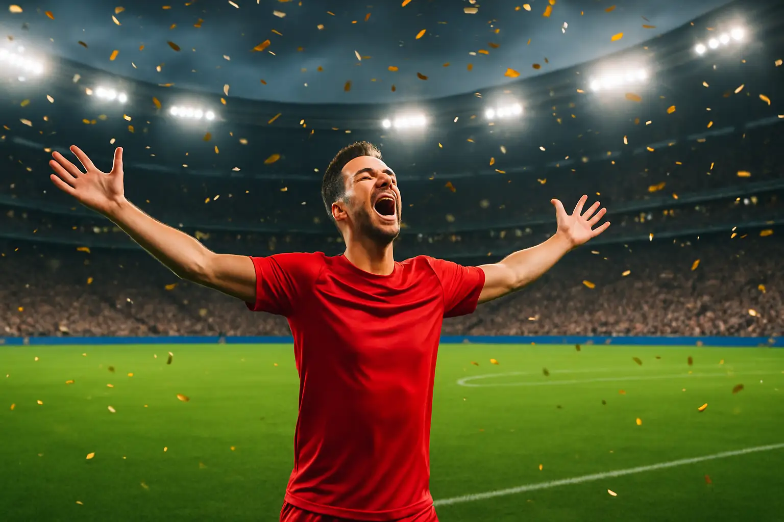 A soccer striker celebrating a goal in a packed stadium during a World Cup match