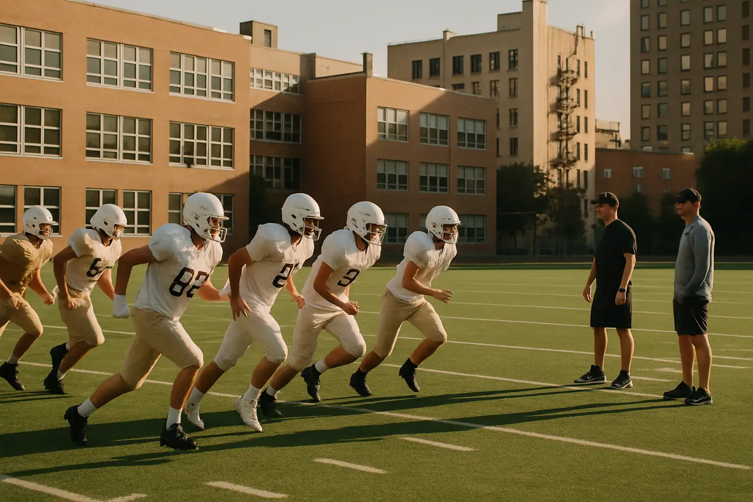 Football players in practice formation on a high school field in an urban setting