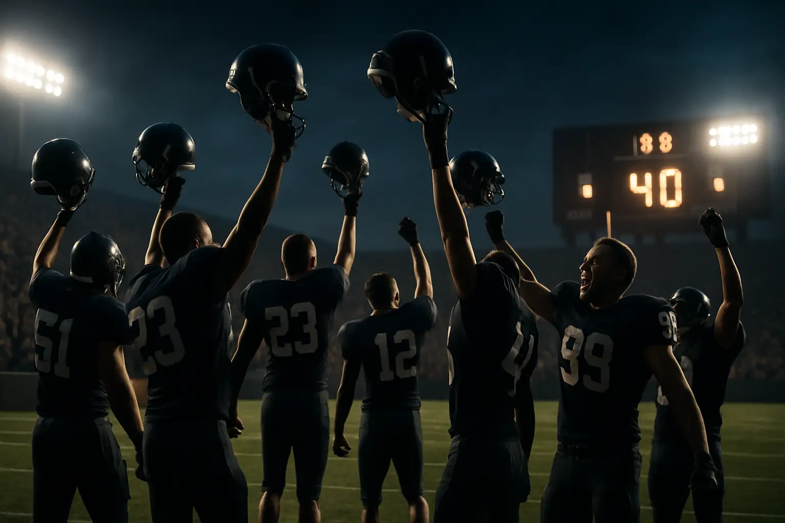 Football players celebrating a record-breaking team victory on a lit stadium field at night