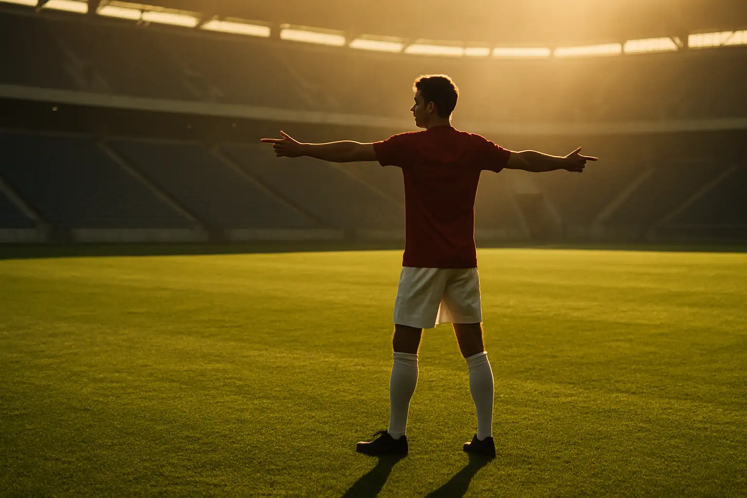 A football player standing tall on a pitch, pointing and directing teammates during a match