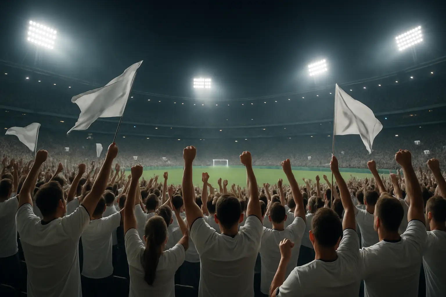 England football fans celebrating a World Cup goal in a packed stadium