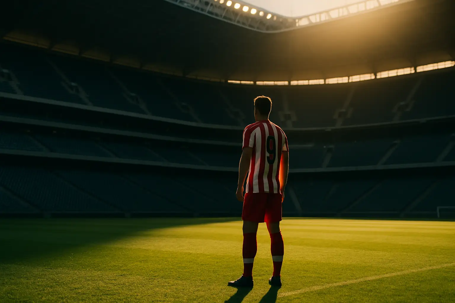 A footballer in red and white stripes looking pensively toward a stadium pitch