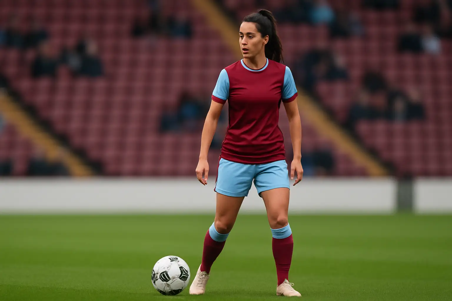 A female footballer in purple and blue kit preparing to take a corner kick at a stadium