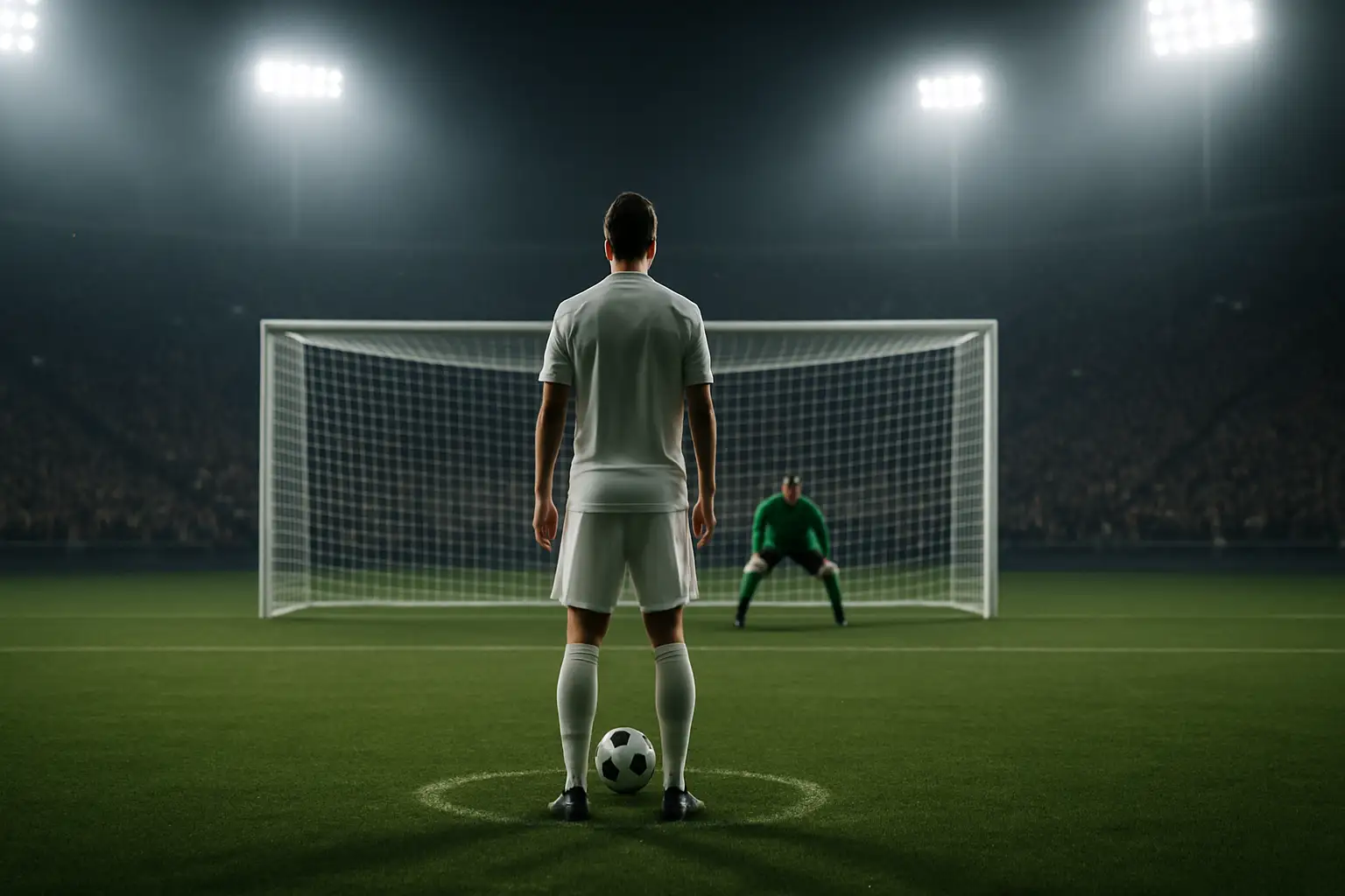 England footballer taking a penalty kick in a packed World Cup stadium