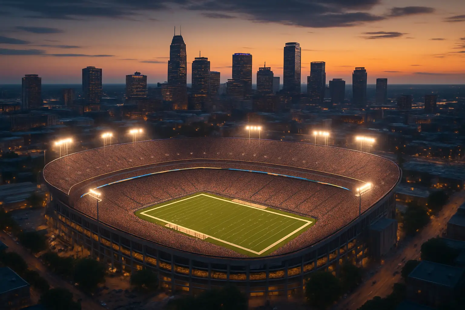 Aerial view of a large outdoor stadium in Kansas City filled with fans during an international sporting event