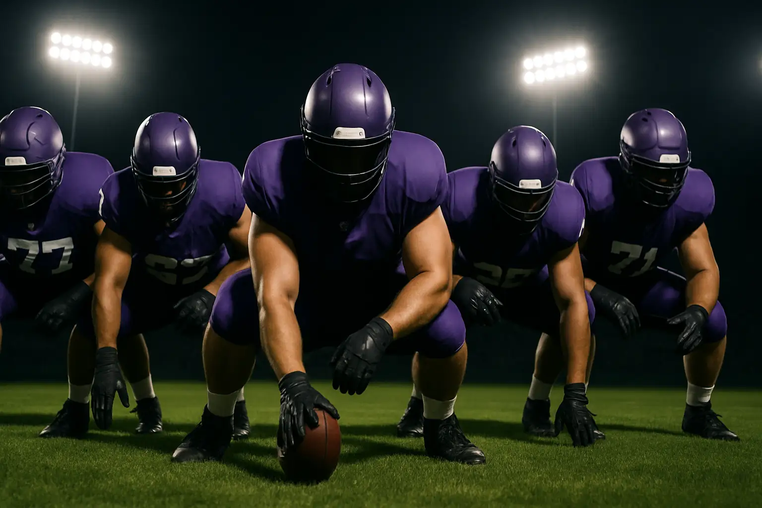 Kansas State Wildcats football players in offensive line formation during a game