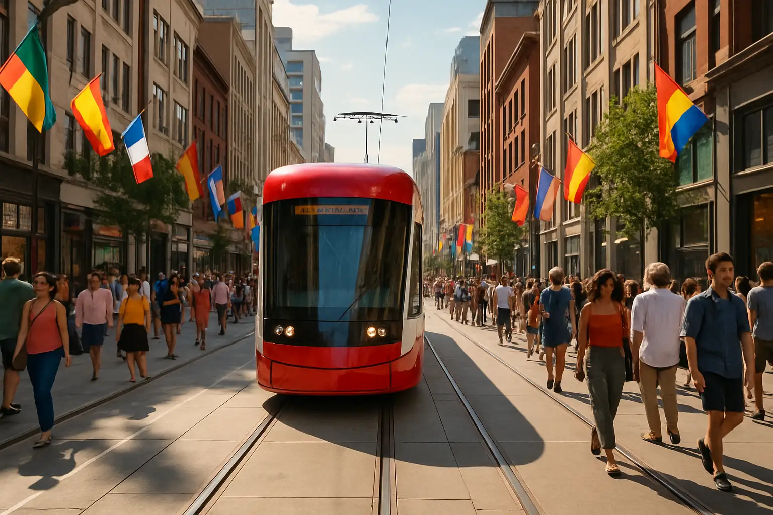 Kansas City streetcar moving through a busy downtown street filled with soccer fans during a major event