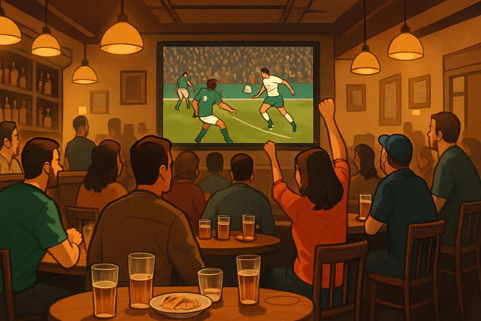 A packed sports bar with fans watching football on a large screen