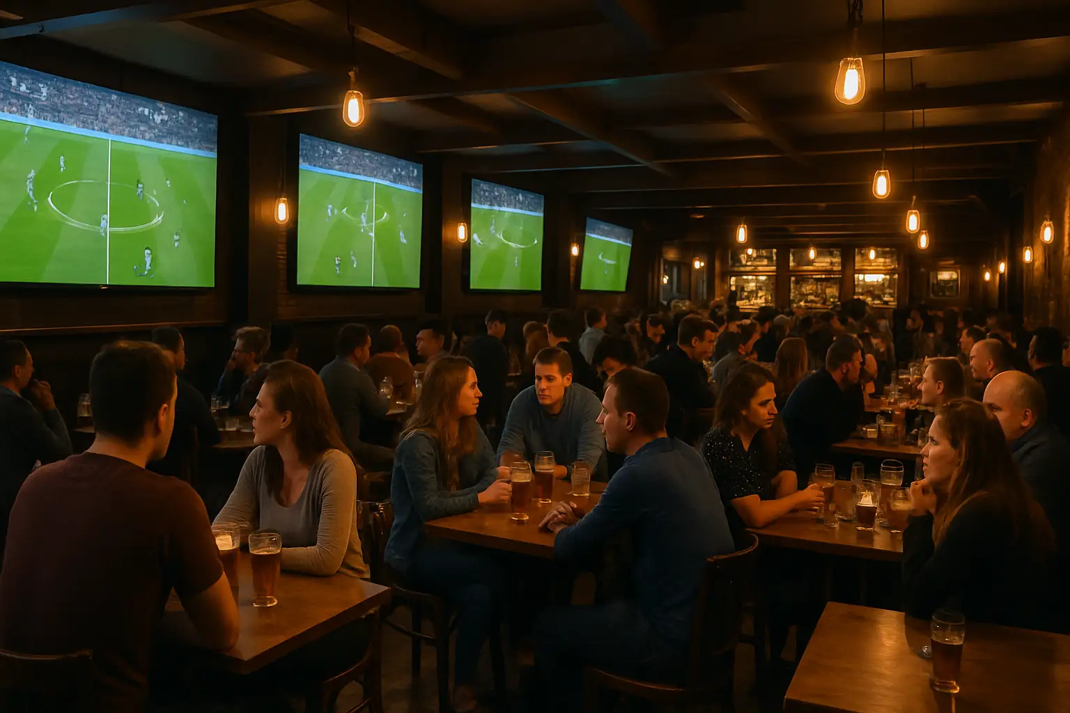 A lively bar packed with football fans watching a match on large screens
