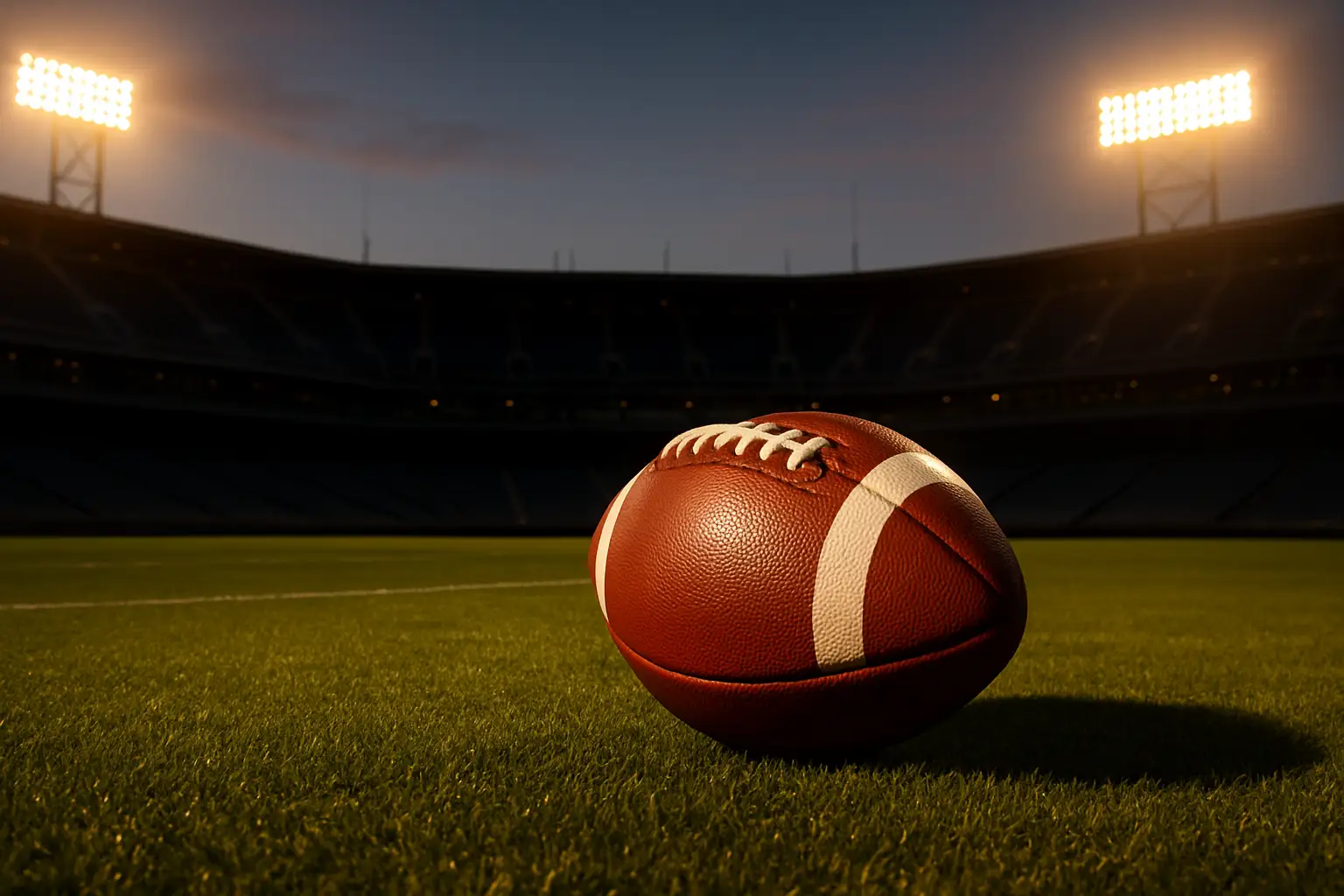 A football on a well-maintained grass field under stadium lights with team colors in the background