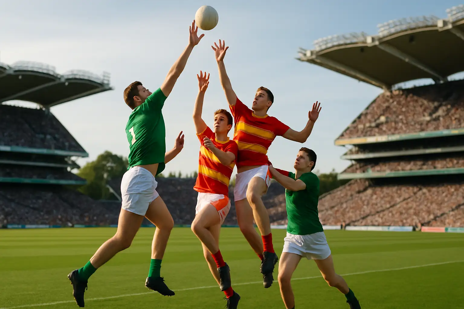Gaelic football players competing in an All-Ireland final at a packed stadium