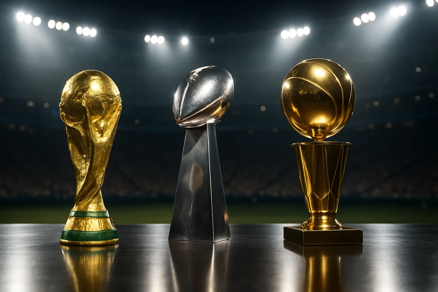 Three sports trophies representing football, American football, and basketball placed side by side on a sleek stage under bright event lighting