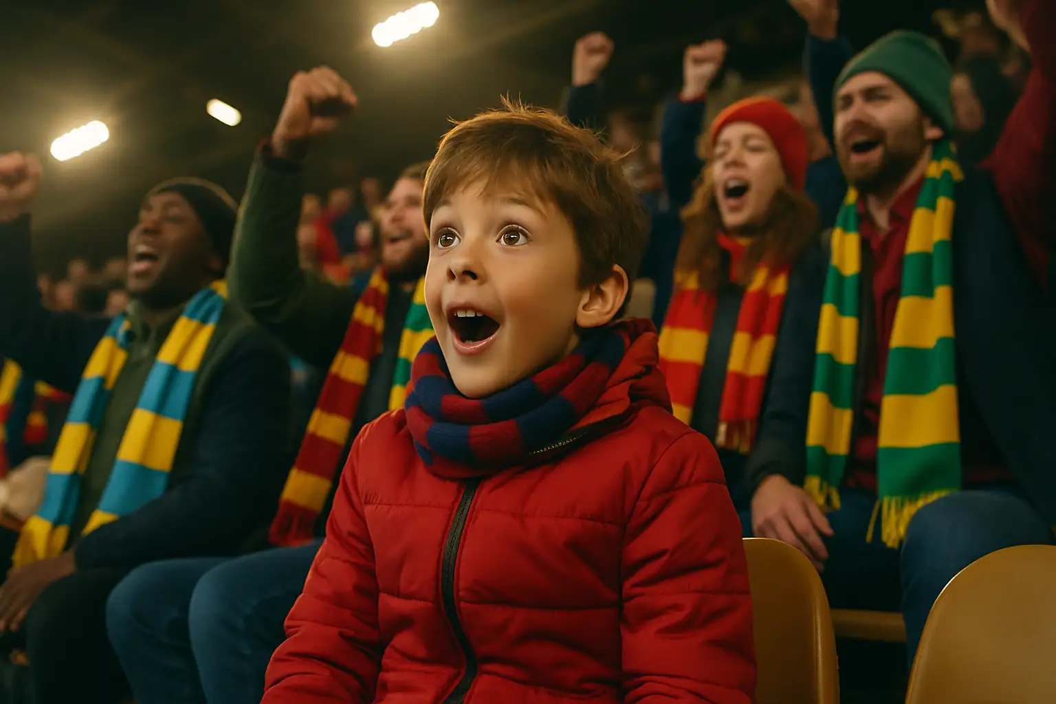Young boy cheering excitedly in football stadium stands during a major tournament