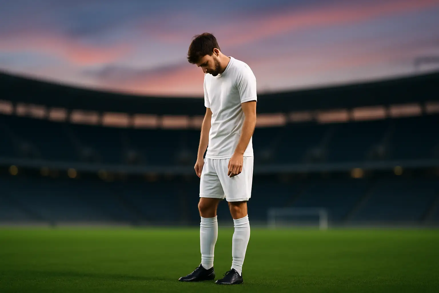A Germany footballer with head bowed on a football pitch after a difficult match result