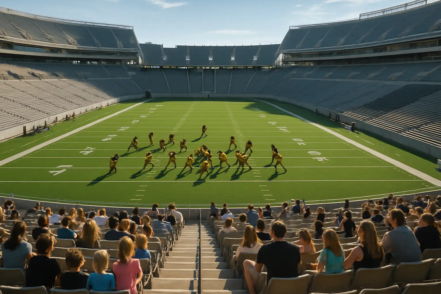 Iowa Hawkeyes football players running drills during an open preseason practice with fans watching from the stands