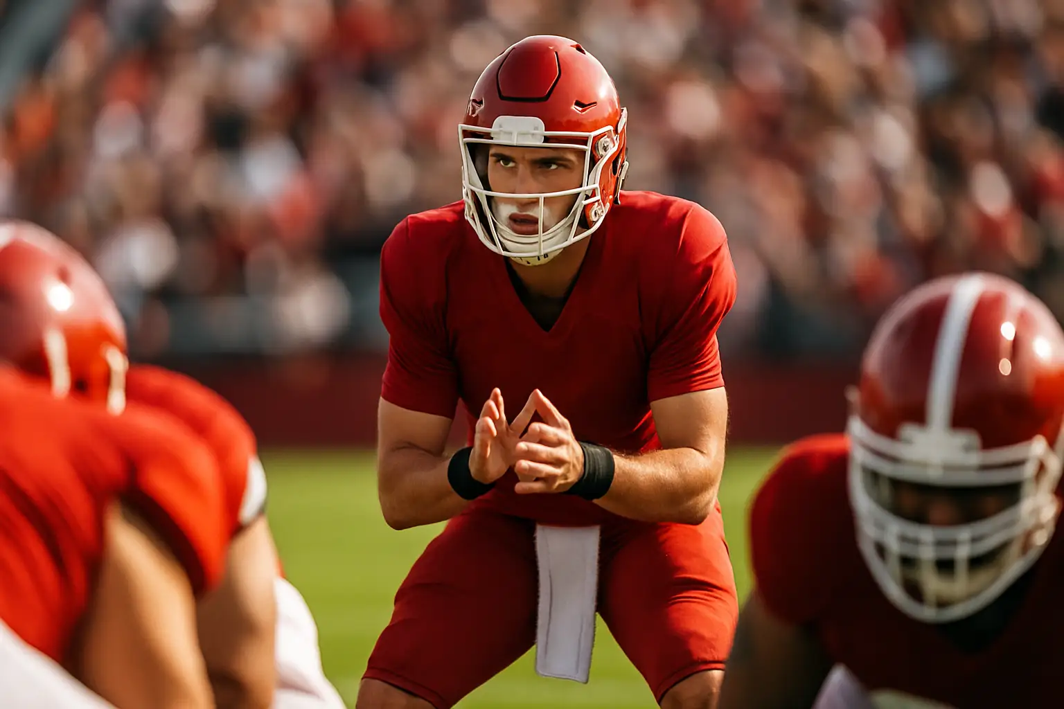 Arkansas Razorbacks football player in uniform preparing to take a snap at the line of scrimmage