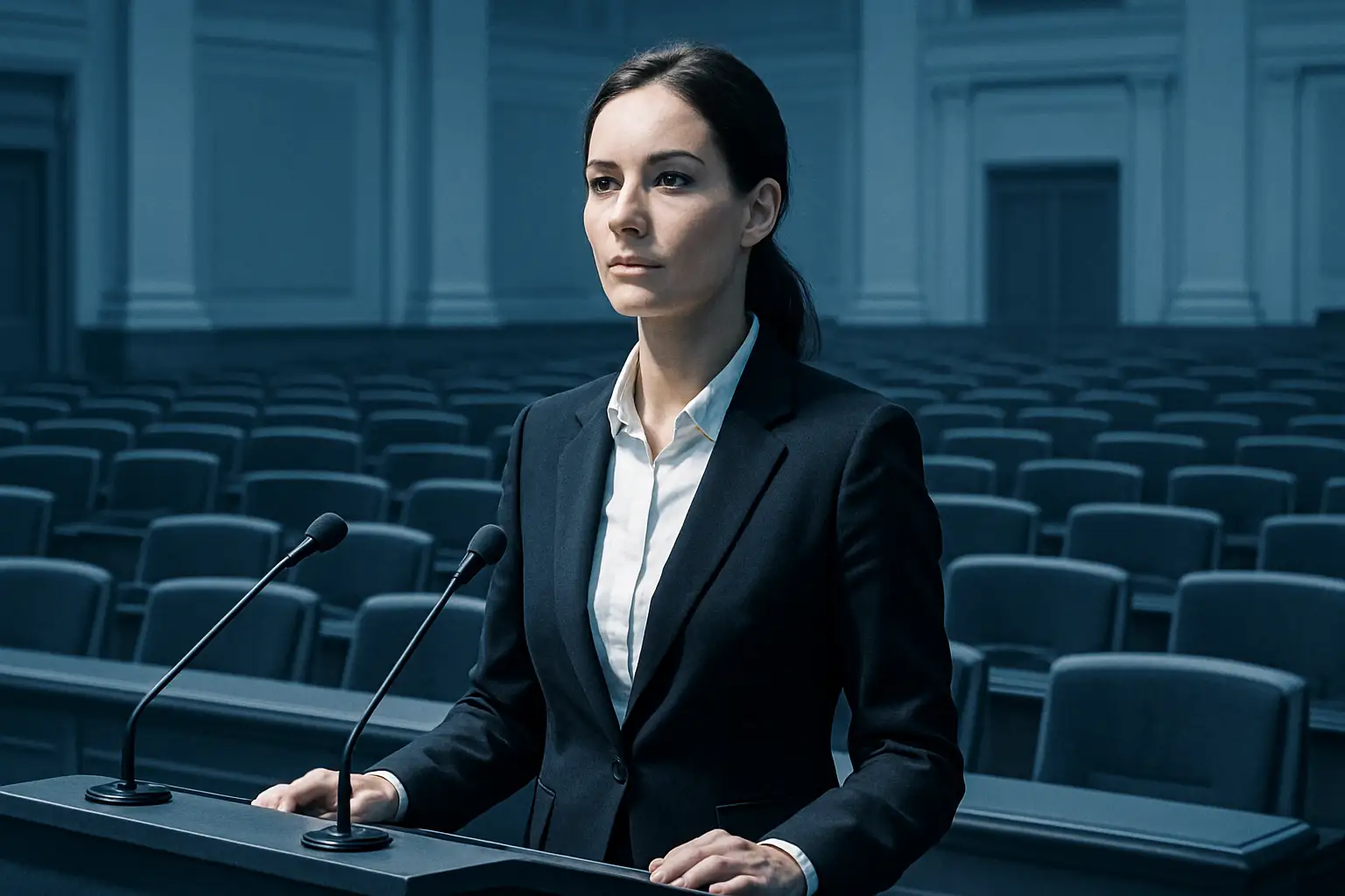 A lone figure standing at a podium in a large, formally lit conference room facing an empty hall of seats
