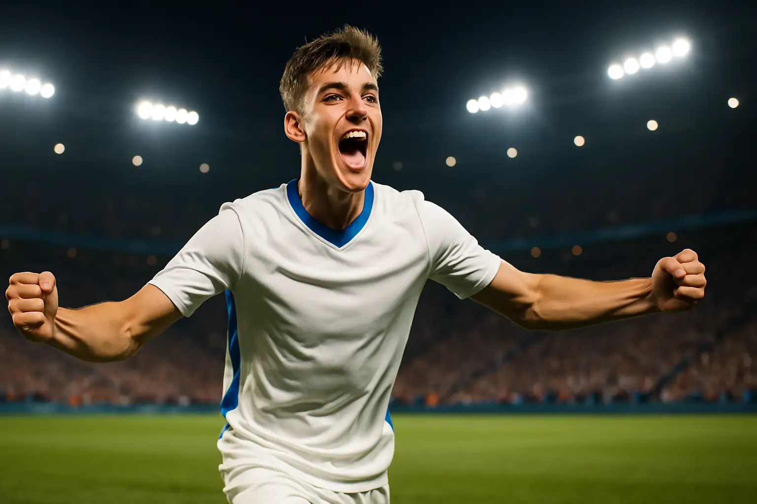 A footballer celebrating a goal on a floodlit World Cup stadium pitch, arms raised in triumph