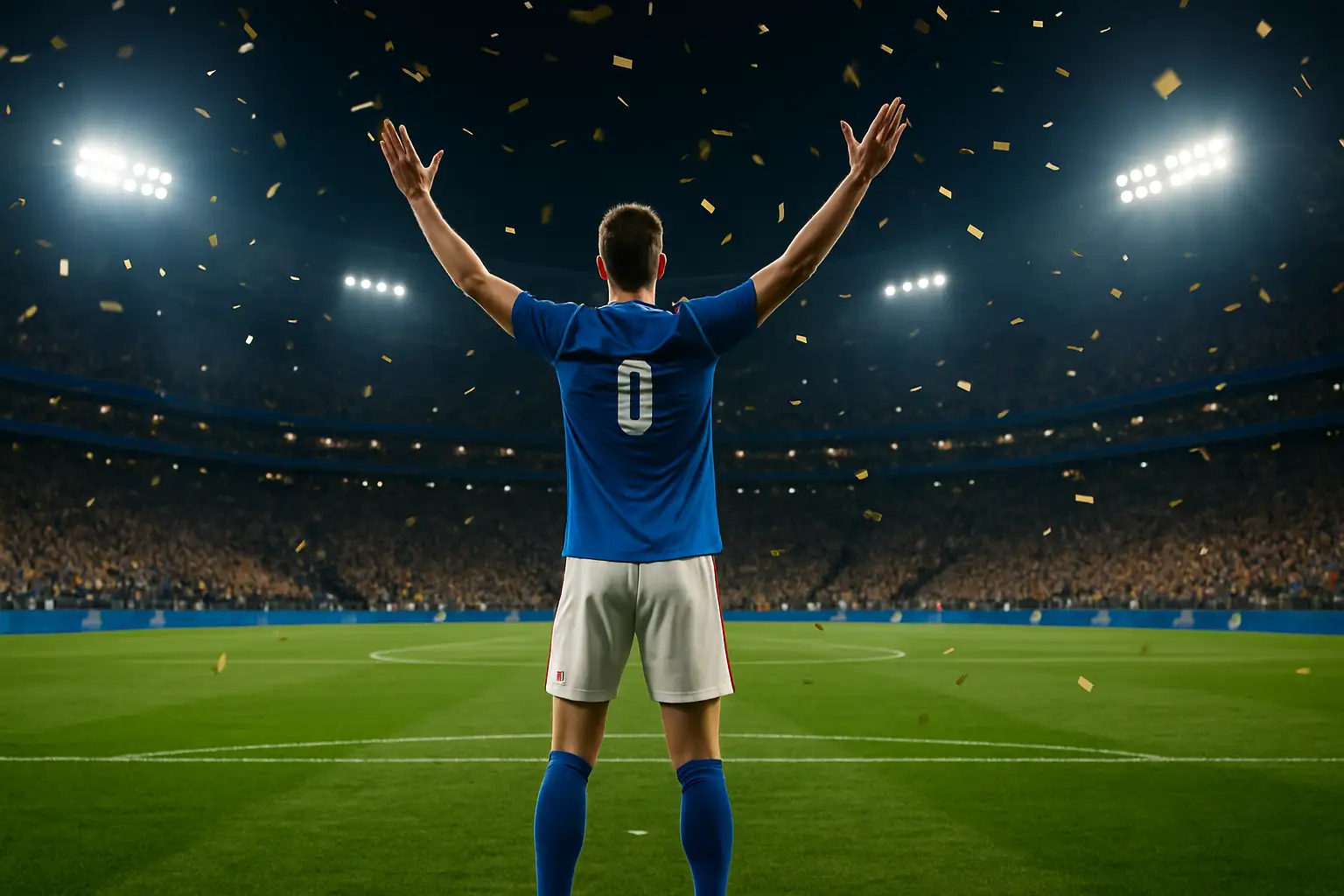 A football player in a blue jersey celebrates a goal in a packed World Cup stadium at night
