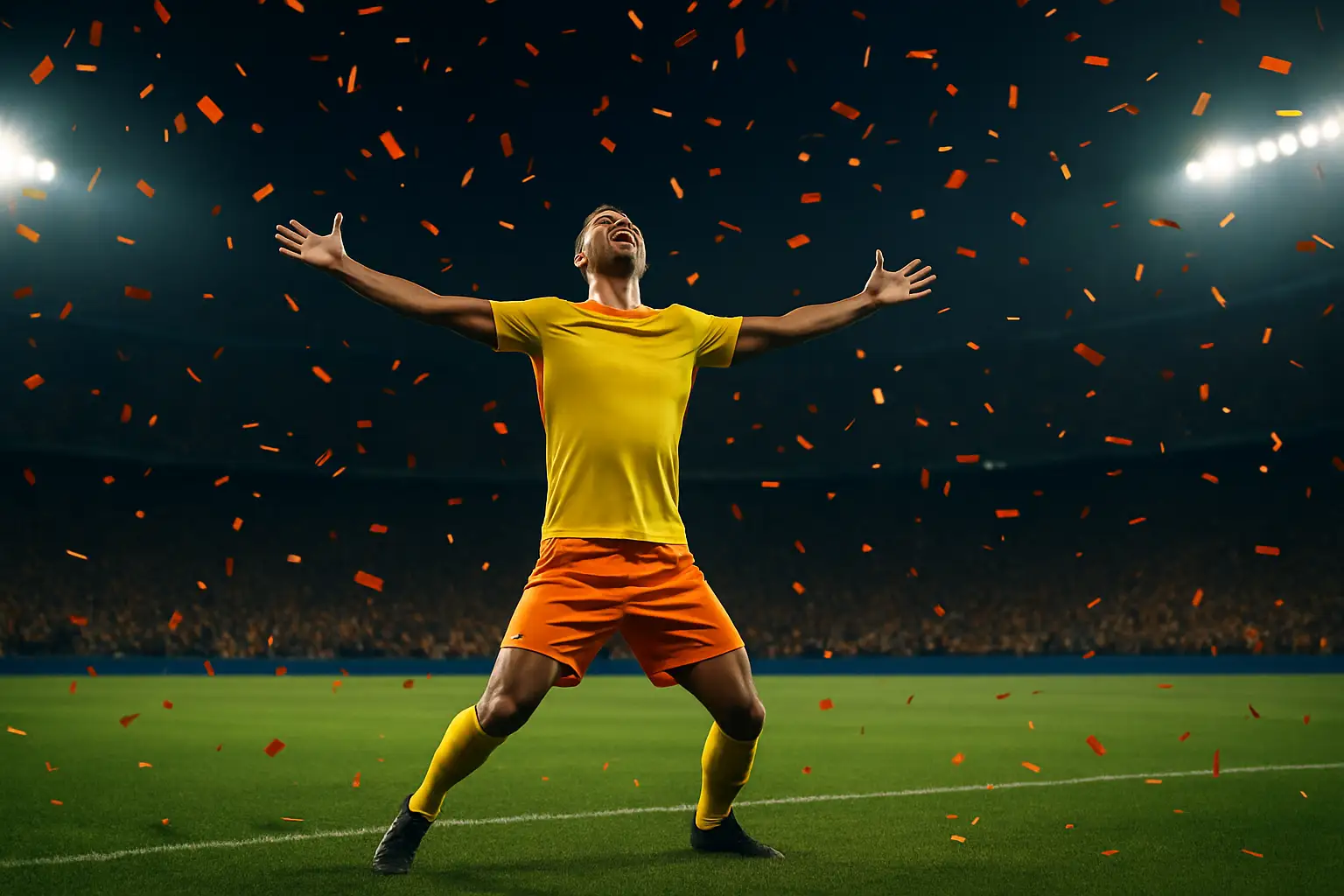 A footballer celebrating a goal in a packed World Cup stadium at night