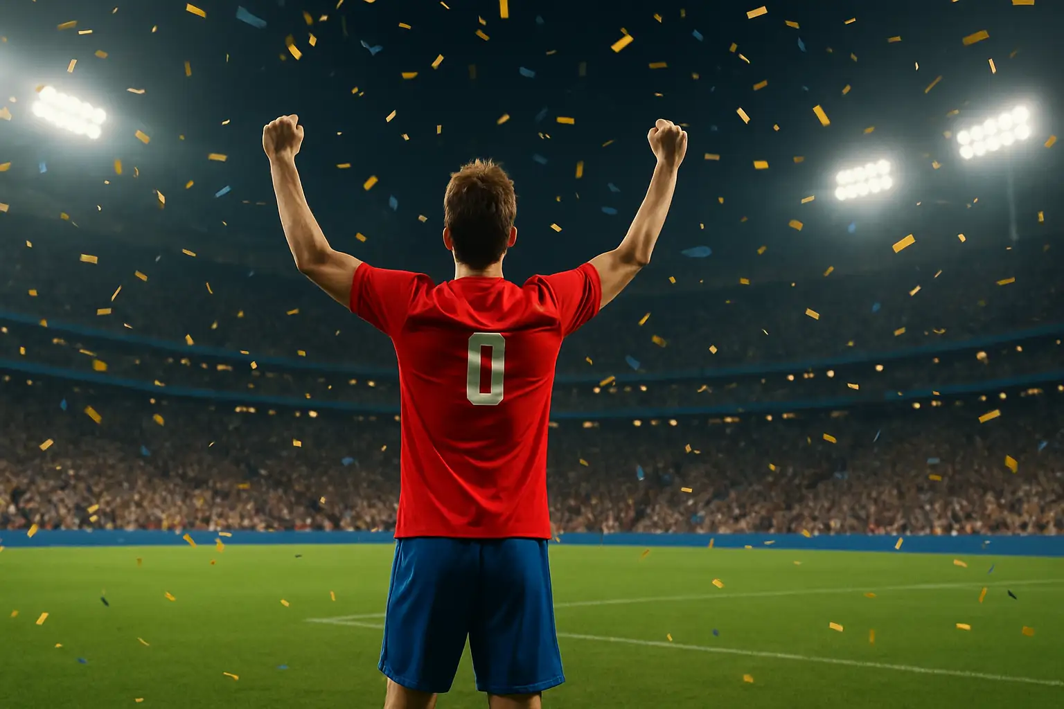 A football player celebrating a goal at a packed World Cup stadium under floodlights