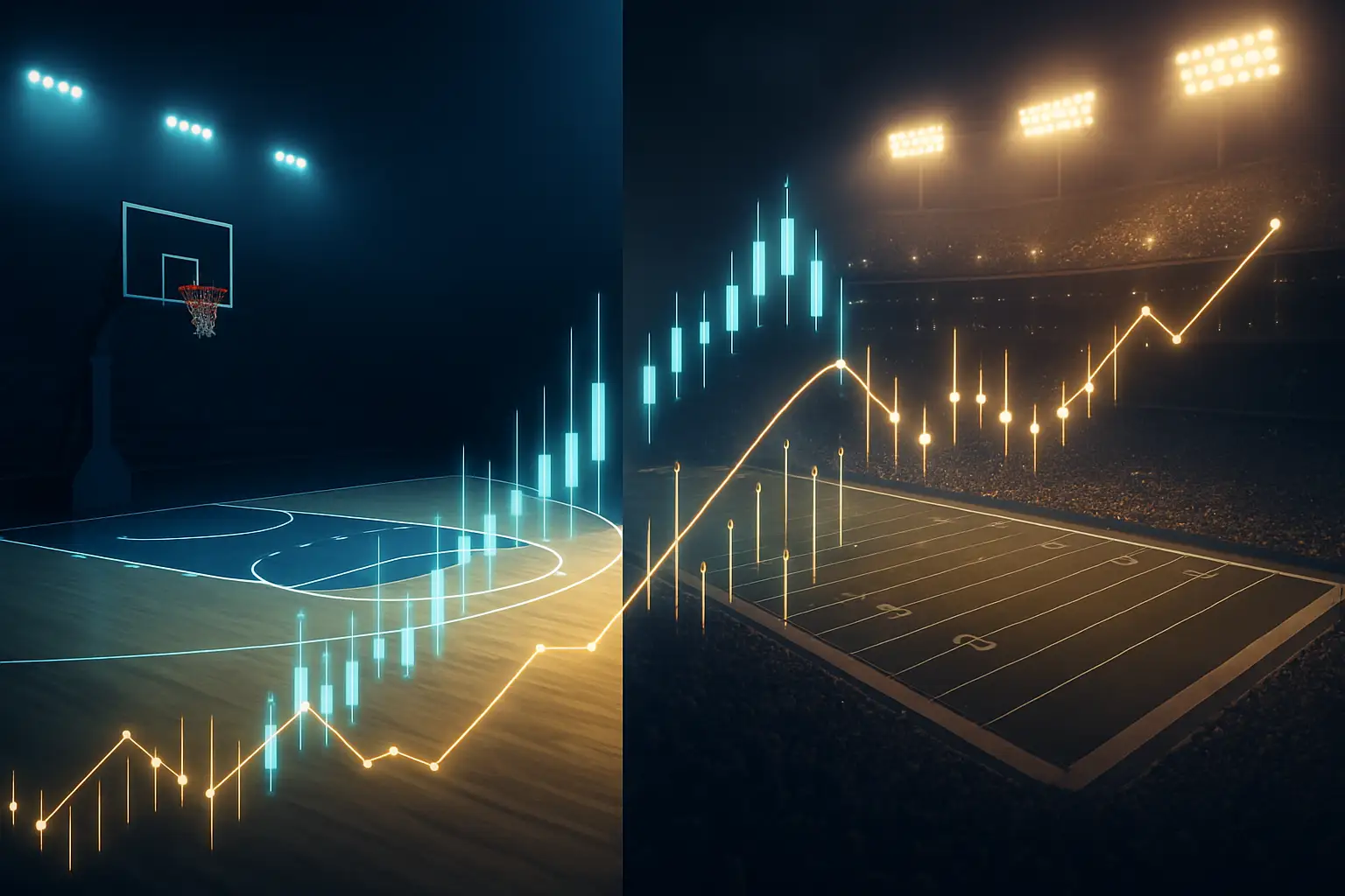 Abstract illustration of a basketball and a football side by side against a financial chart background