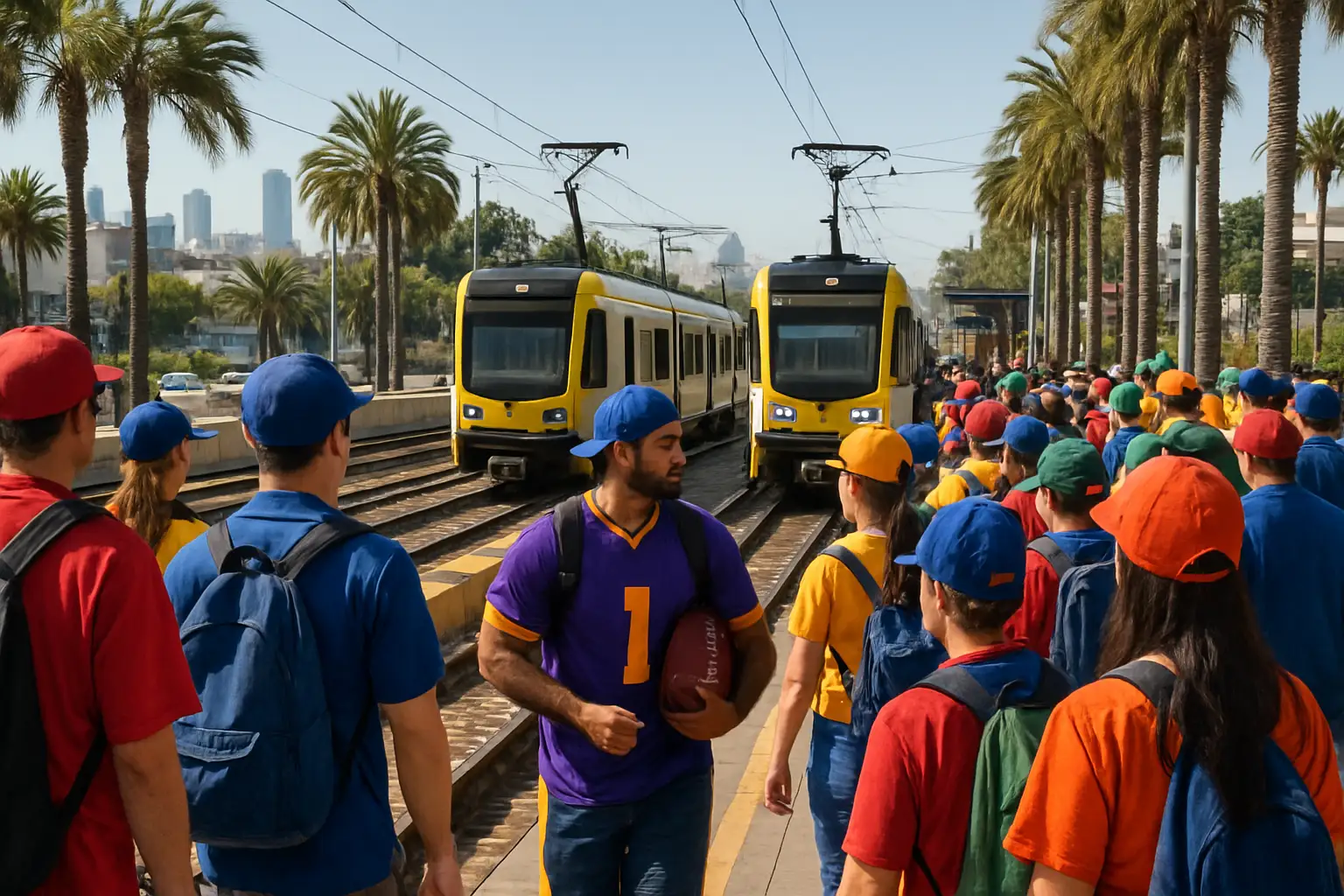 Crowded Los Angeles Metro rail platform with passengers boarding a train during a major sporting event