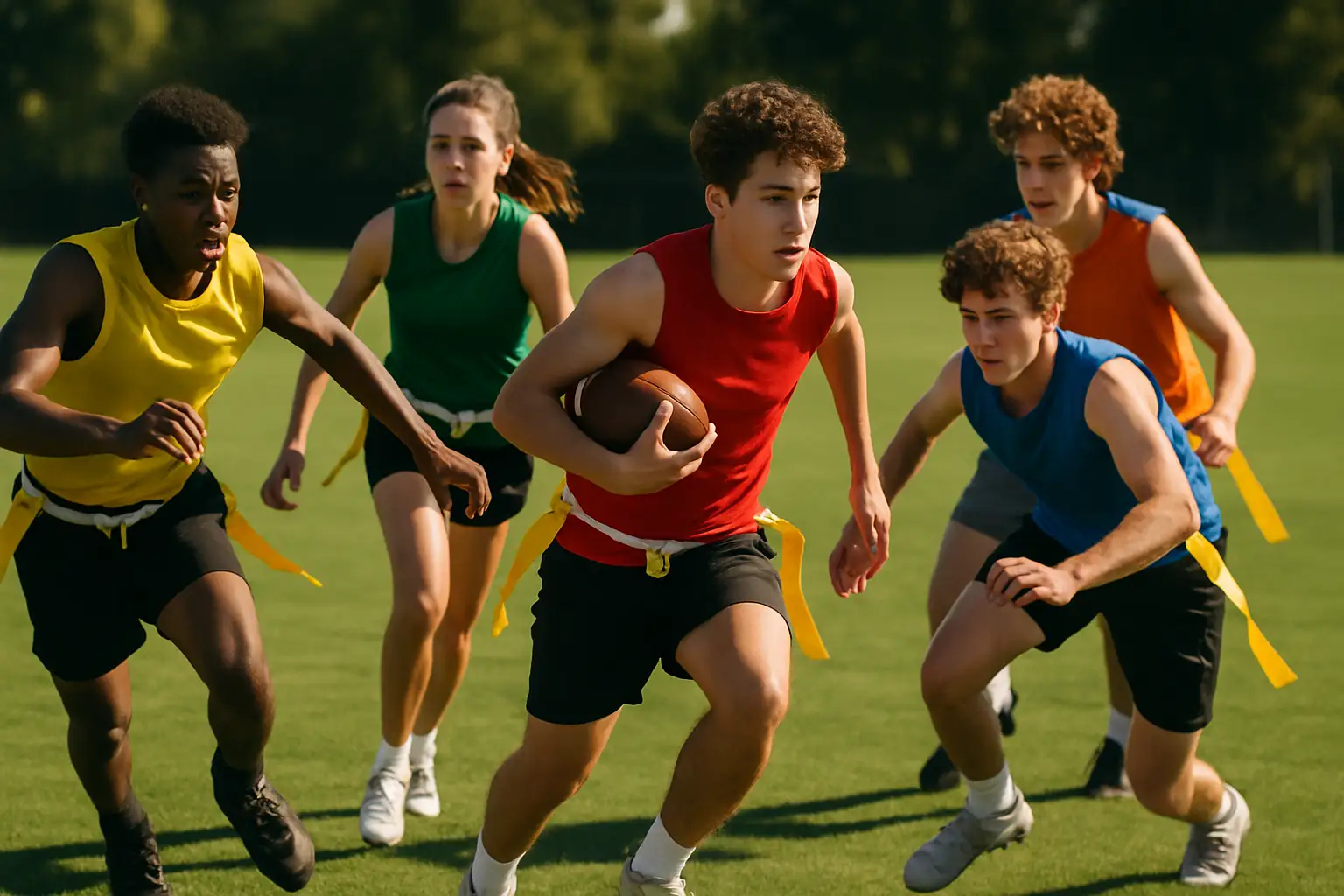 High school flag football players competing on a sunny field during a game