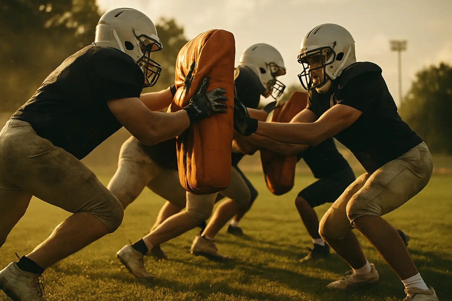 High school football players in a blocking drill during preseason practice