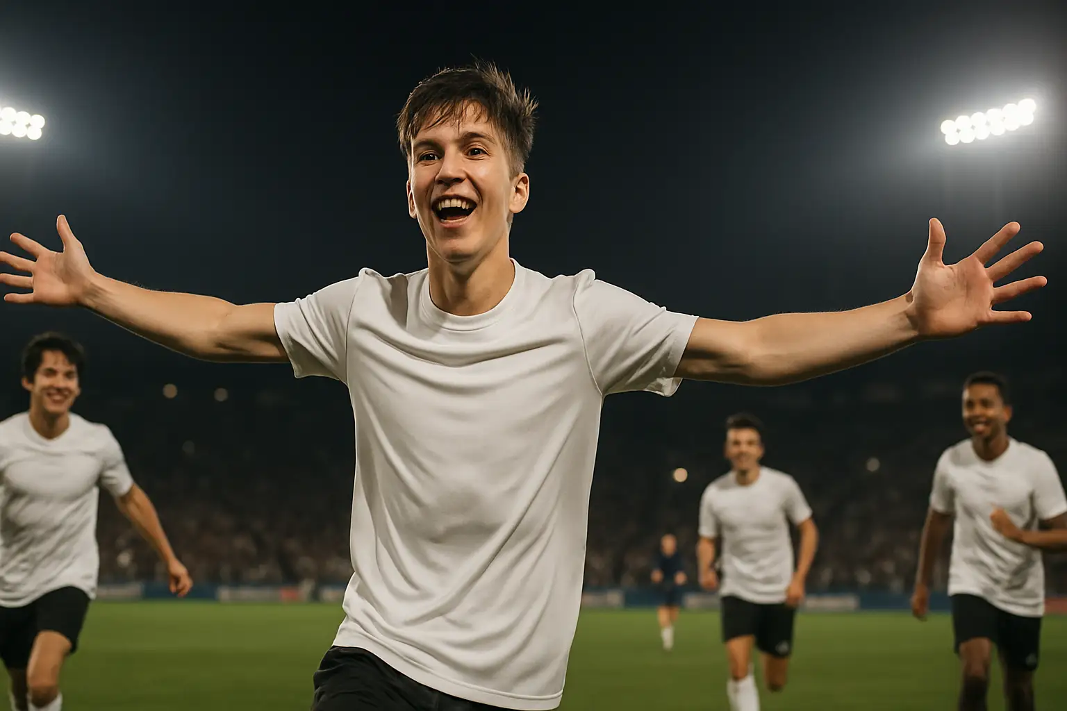 Young football winger celebrating on a floodlit stadium pitch surrounded by teammates