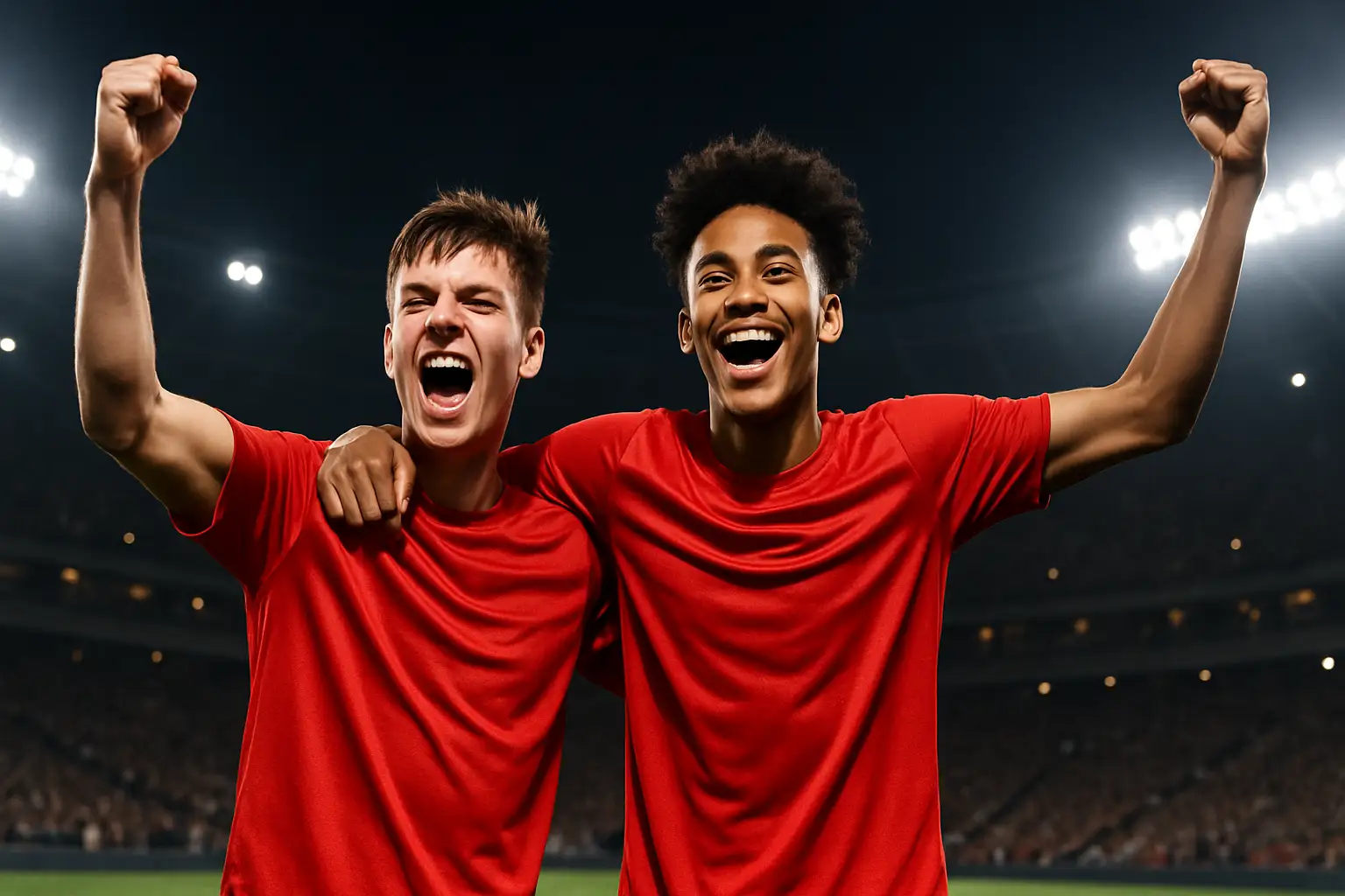 Two Spain footballers celebrating on a pitch with a packed stadium in the background