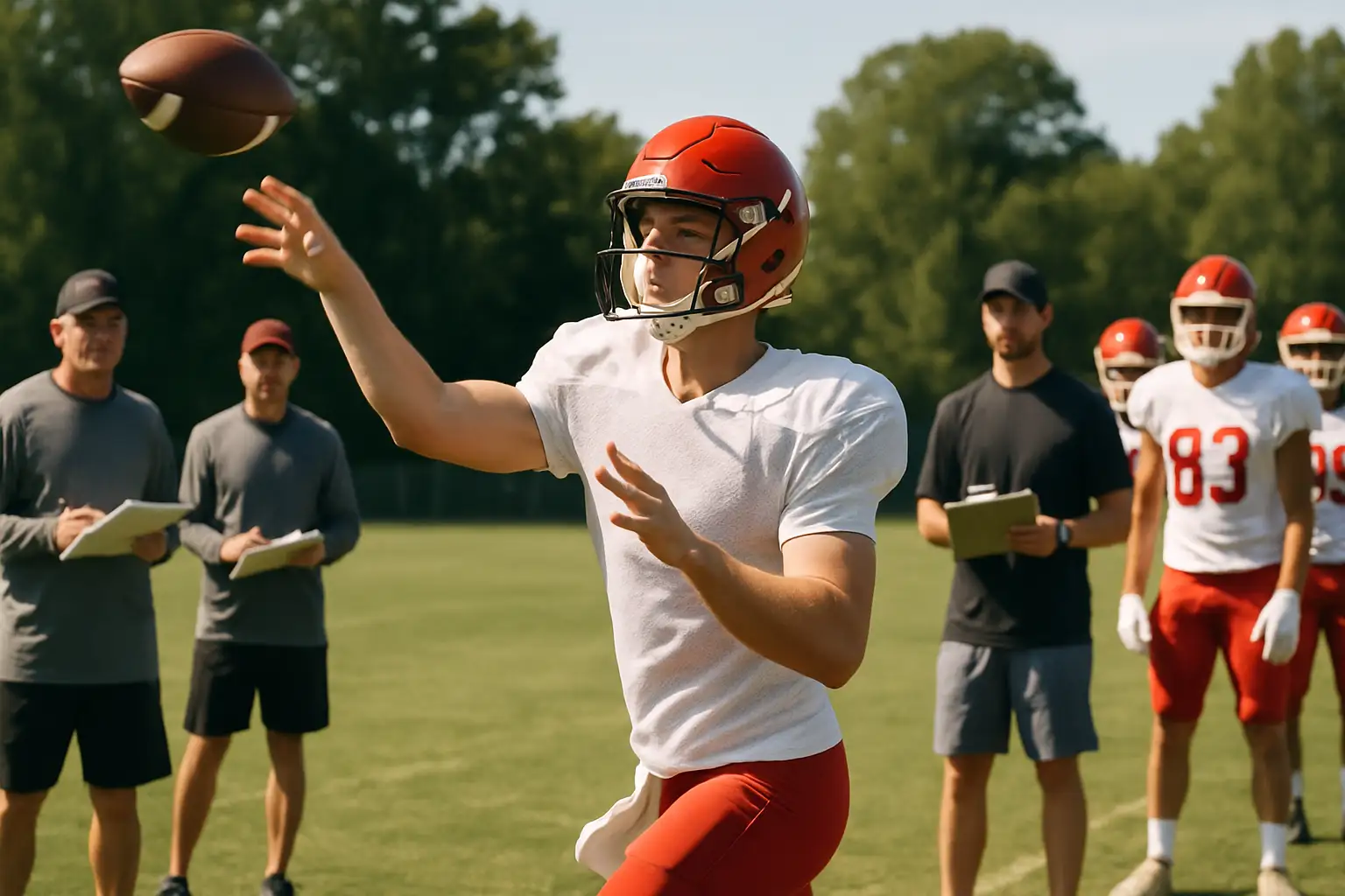 A quarterback throwing a pass during a college football fall camp practice session