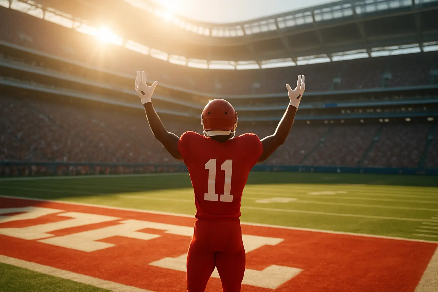 A wide receiver in a red uniform catching a football in a packed NFL stadium
