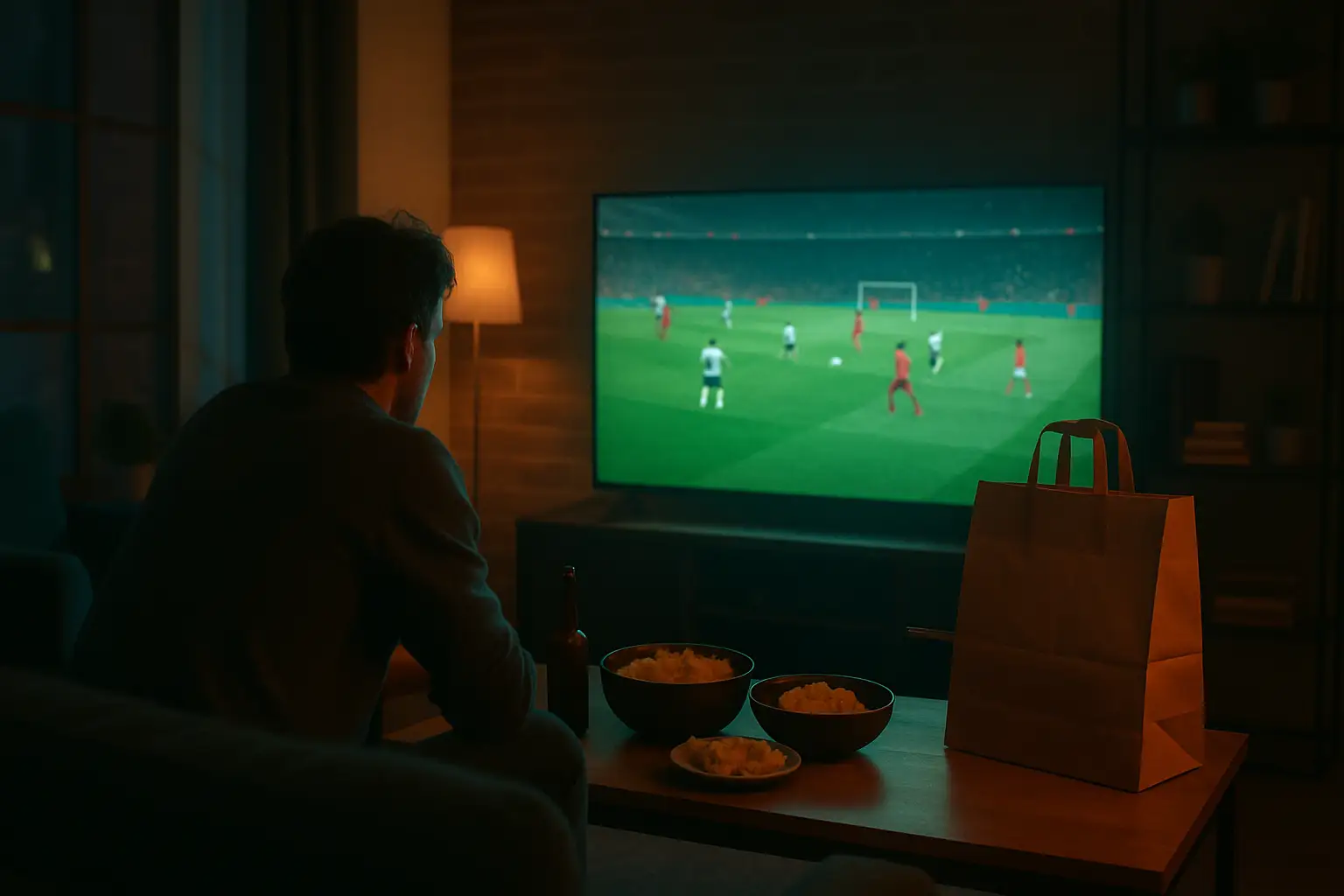 A person watching a live football match on a large screen late at night in a warmly lit room, surrounded by snacks and a delivery bag