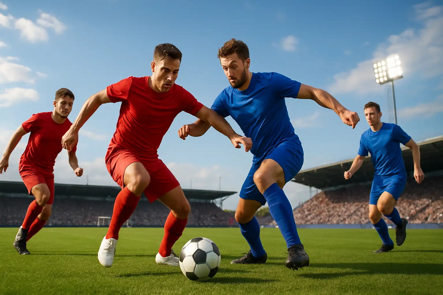Football players competing in a state league match on a green pitch under afternoon light