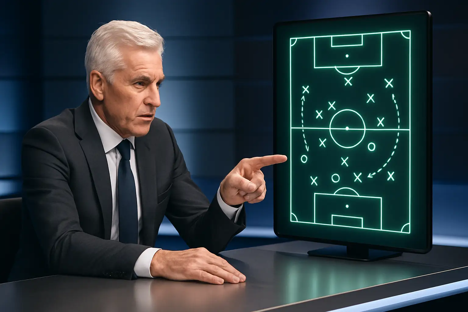 A frustrated football pundit gesturing at a tactics board in a television studio