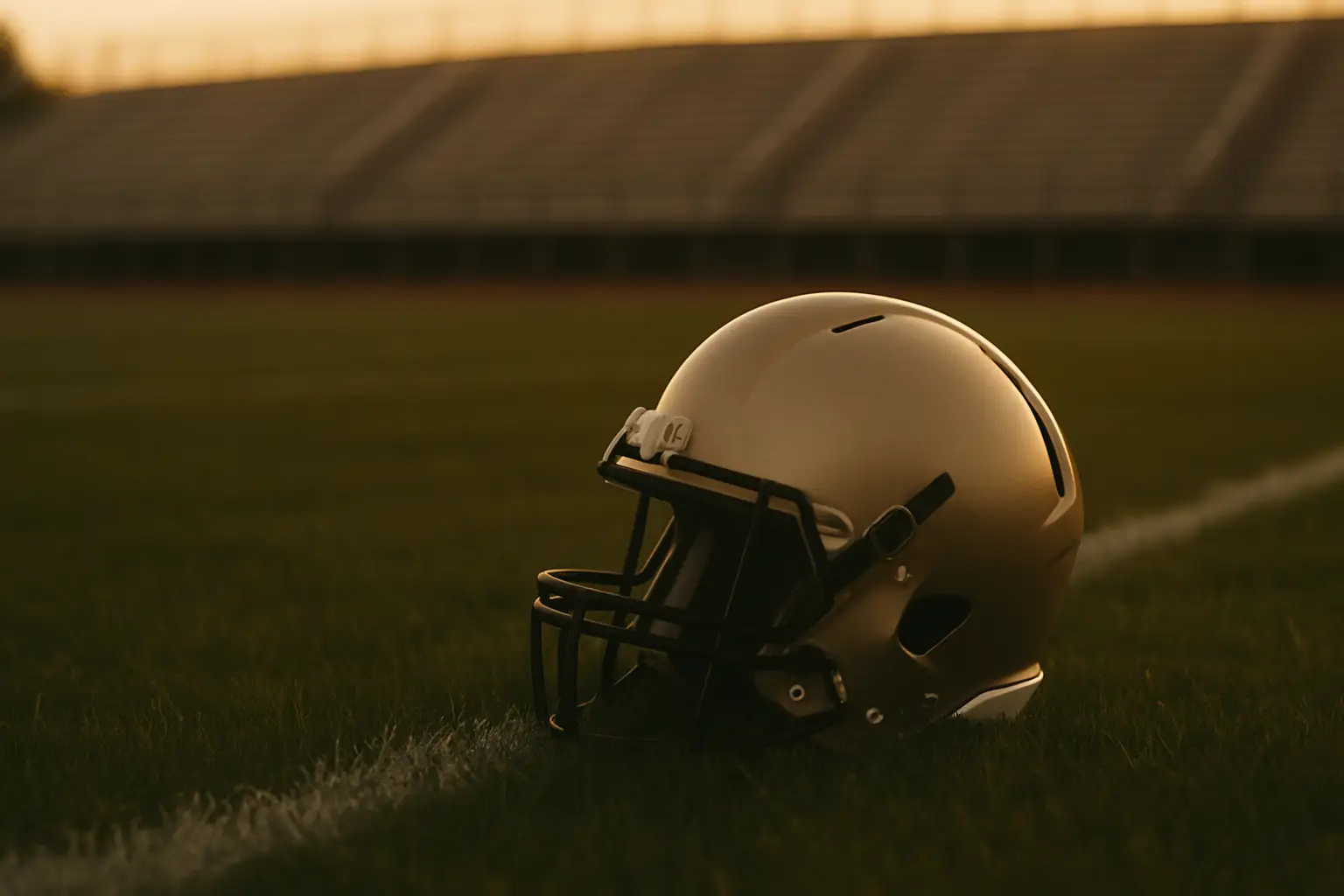 Football helmet resting on a field at dusk near a small-town stadium