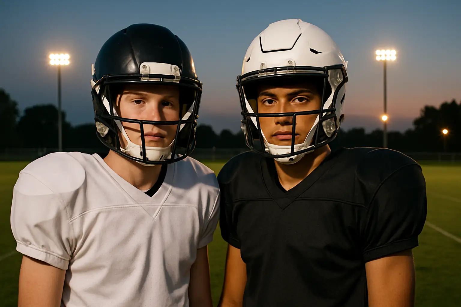 Two young football players standing side by side on a high school football field at dusk