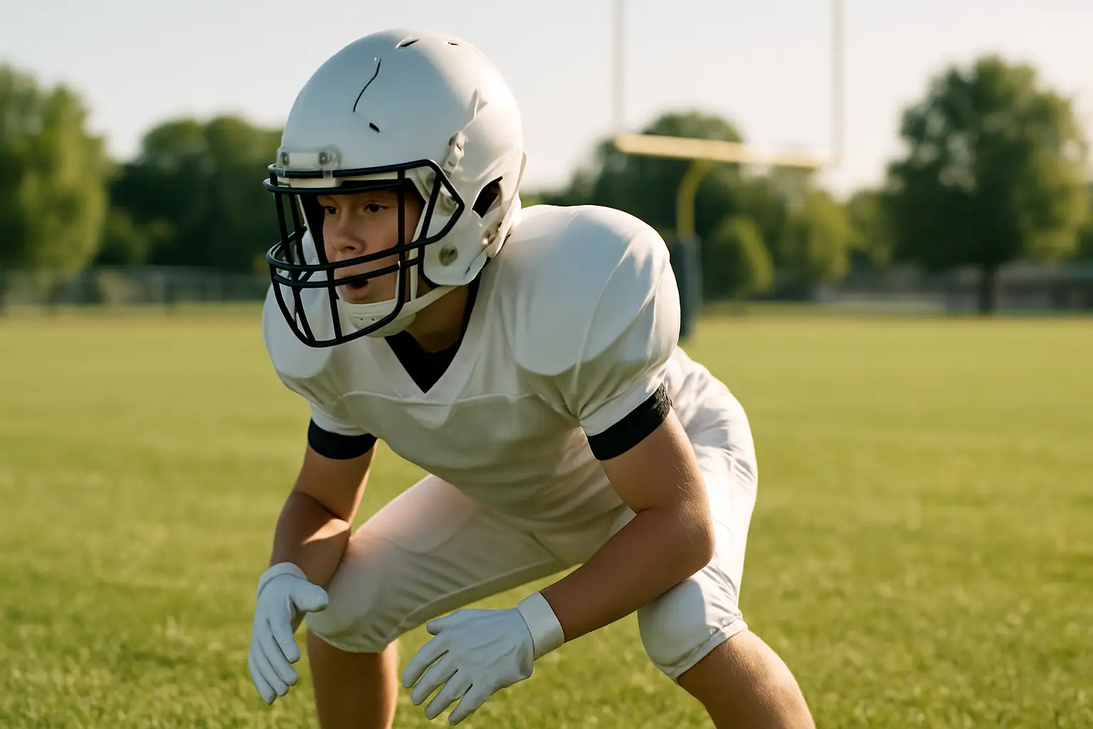 A football player in a linebacker stance on a college practice field