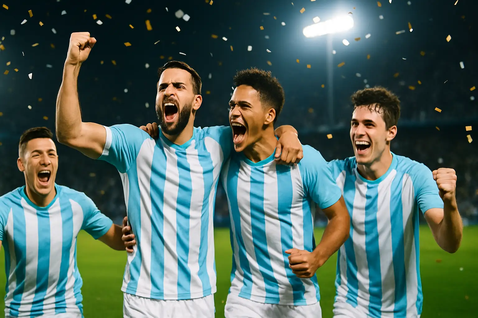 Argentina football players celebrating on a pitch under stadium lights