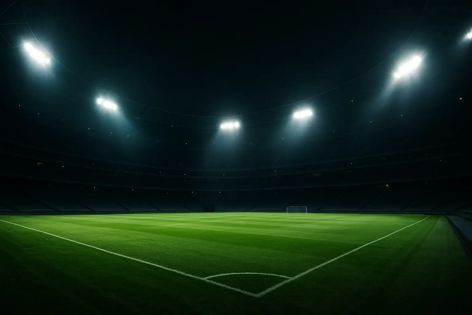 A football stadium at night with floodlights illuminating an empty green pitch