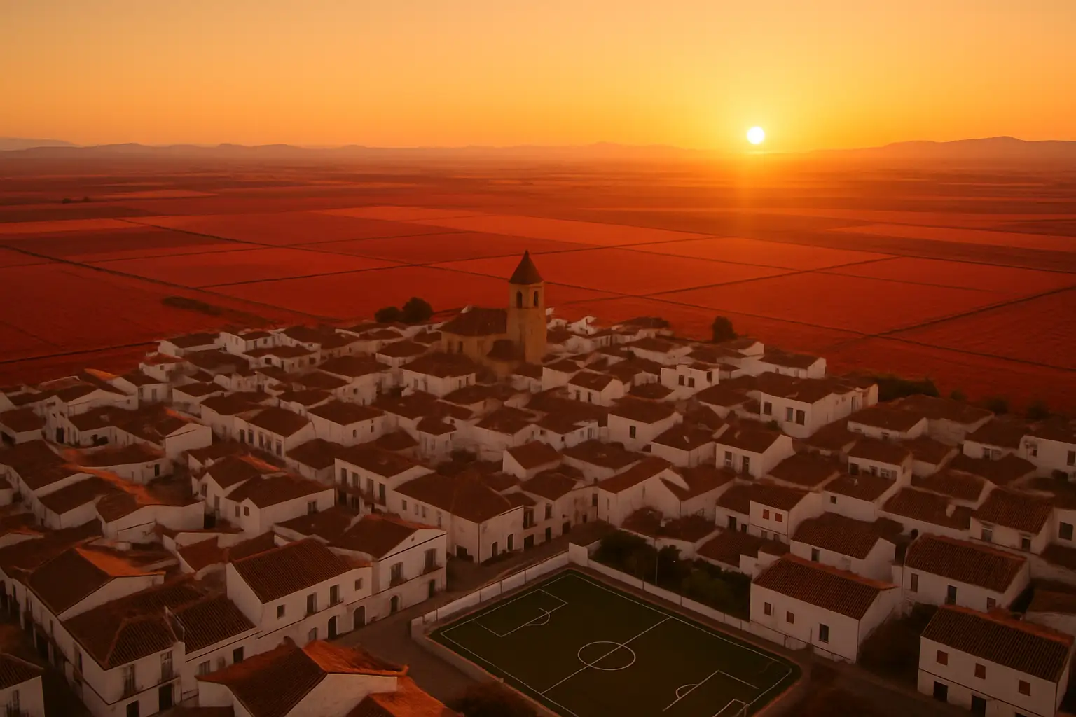 Aerial view of a small Andalusian town surrounded by agricultural fields at golden hour