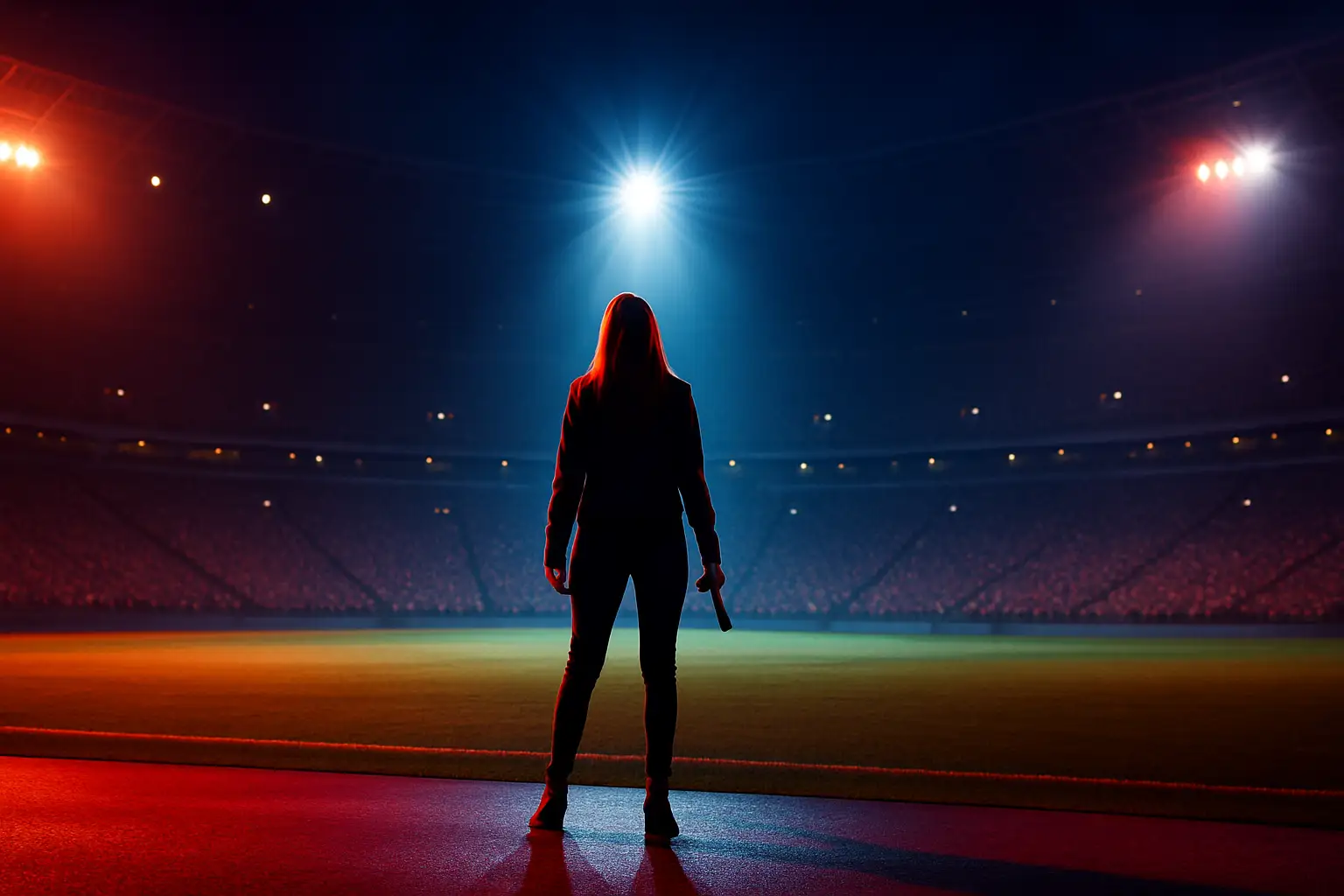 A performer on a large stadium stage lit by dramatic spotlights during a football halftime show