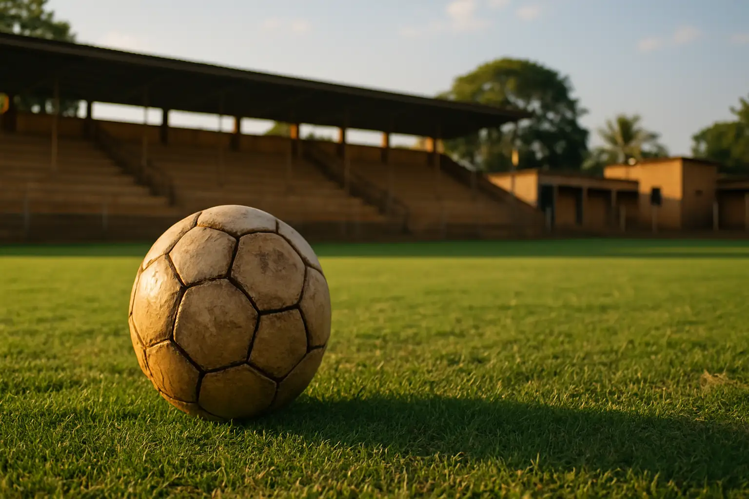 A football on a grass pitch with African stadium stands in the background under bright sunlight