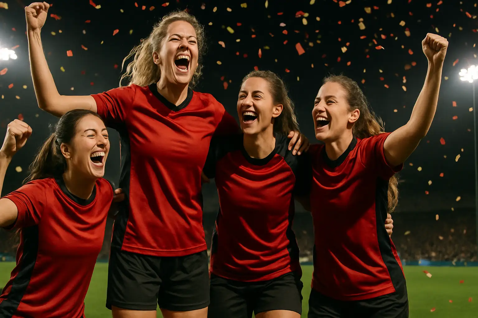 Malawi women's football players celebrating a historic victory on the pitch
