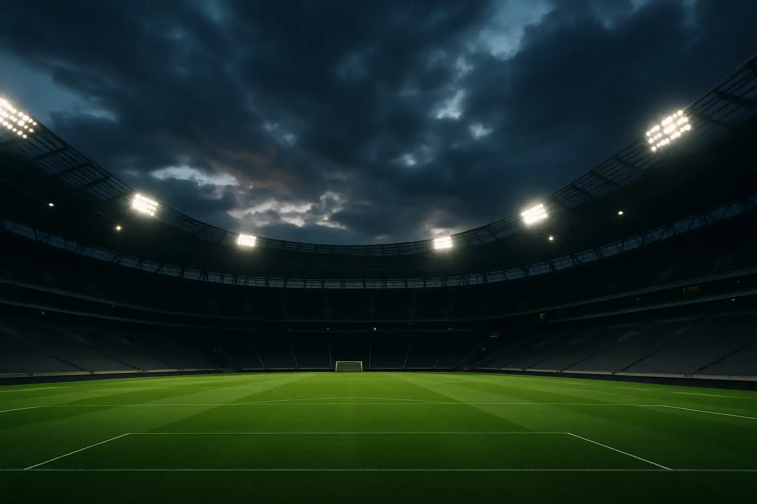 A football stadium at dusk with a transfer announcement atmosphere, empty pitch under floodlights